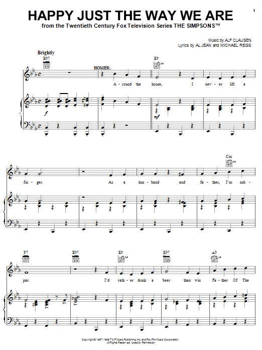 The Simpsons Happy Just The Way We Are sheet music notes and chords arranged for Piano, Vocal & Guitar Chords (Right-Hand Melody)