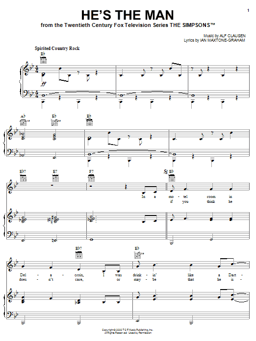 The Simpsons He's The Man sheet music notes and chords arranged for Piano, Vocal & Guitar Chords (Right-Hand Melody)