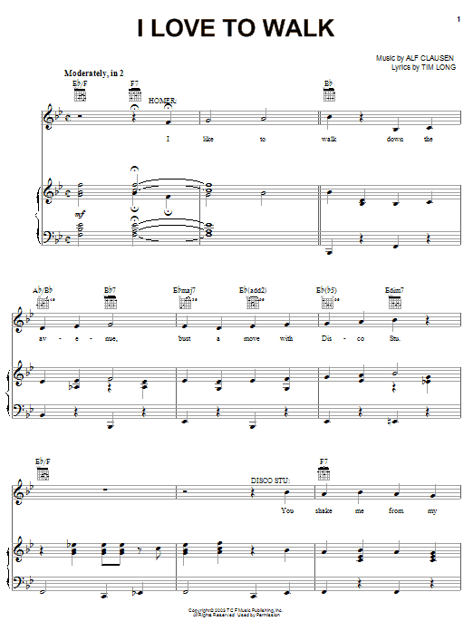 The Simpsons I Love To Walk sheet music notes and chords arranged for Piano, Vocal & Guitar Chords (Right-Hand Melody)