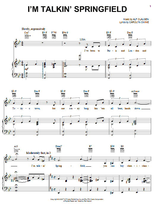 The Simpsons I'm Talkin' Springfield sheet music notes and chords arranged for Piano, Vocal & Guitar Chords (Right-Hand Melody)