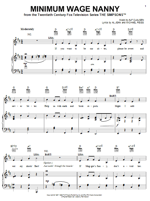 The Simpsons Minimum Wage Nanny sheet music notes and chords arranged for Piano, Vocal & Guitar Chords (Right-Hand Melody)