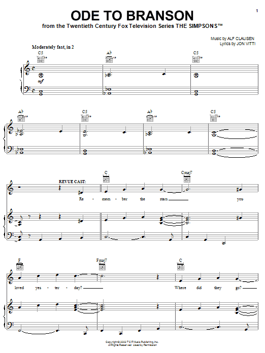 The Simpsons Ode To Branson sheet music notes and chords arranged for Piano, Vocal & Guitar Chords (Right-Hand Melody)