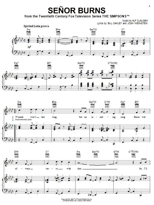 The Simpsons Senor Burns sheet music notes and chords arranged for Piano, Vocal & Guitar Chords (Right-Hand Melody)