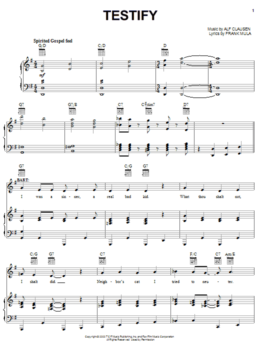 The Simpsons Testify sheet music notes and chords arranged for Piano, Vocal & Guitar Chords (Right-Hand Melody)