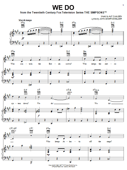 The Simpsons We Do sheet music notes and chords arranged for Piano, Vocal & Guitar Chords (Right-Hand Melody)
