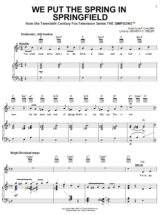 The Simpsons We Put The Spring In Springfield sheet music notes and chords arranged for Piano, Vocal & Guitar Chords (Right-Hand Melody)