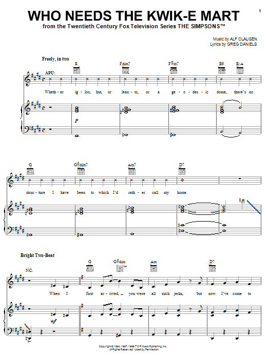 The Simpsons Who Needs The Kwik-E Mart sheet music notes and chords arranged for Piano, Vocal & Guitar Chords (Right-Hand Melody)
