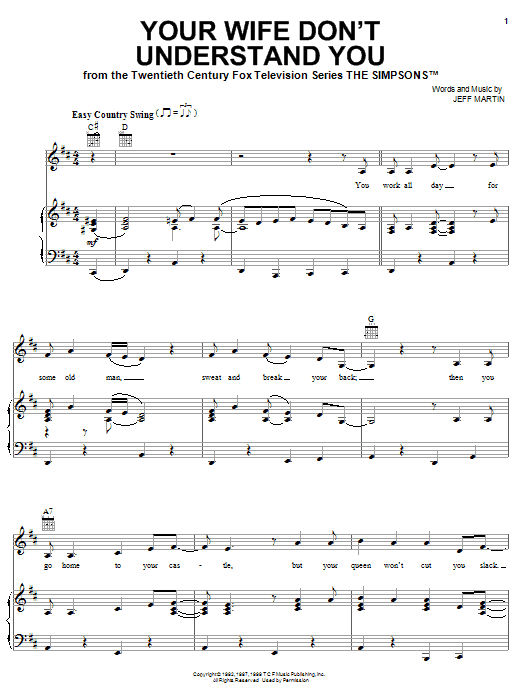 The Simpsons Your Wife Don't Understand You sheet music notes and chords arranged for Piano, Vocal & Guitar Chords (Right-Hand Melody)