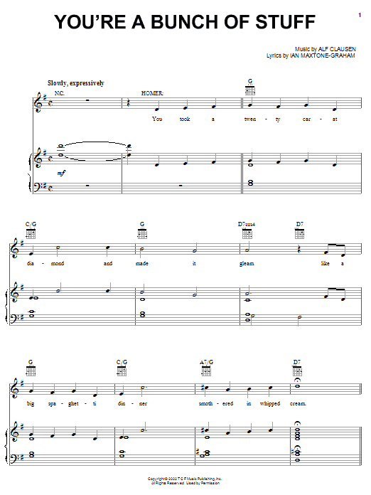 The Simpsons You're A Bunch Of Stuff sheet music notes and chords arranged for Piano, Vocal & Guitar Chords (Right-Hand Melody)