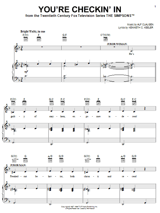 The Simpsons You're Checkin' In sheet music notes and chords arranged for Piano, Vocal & Guitar Chords (Right-Hand Melody)