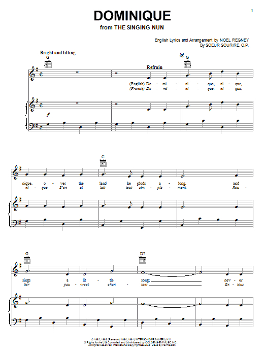 The Singing Nun Dominique sheet music notes and chords arranged for Lead Sheet / Fake Book