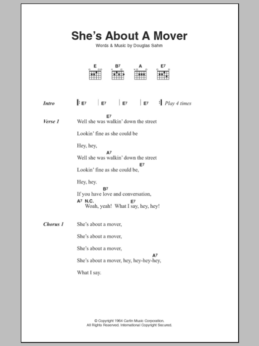 The Sir Douglas Quintet She's About A Mover sheet music notes and chords arranged for Guitar Chords/Lyrics