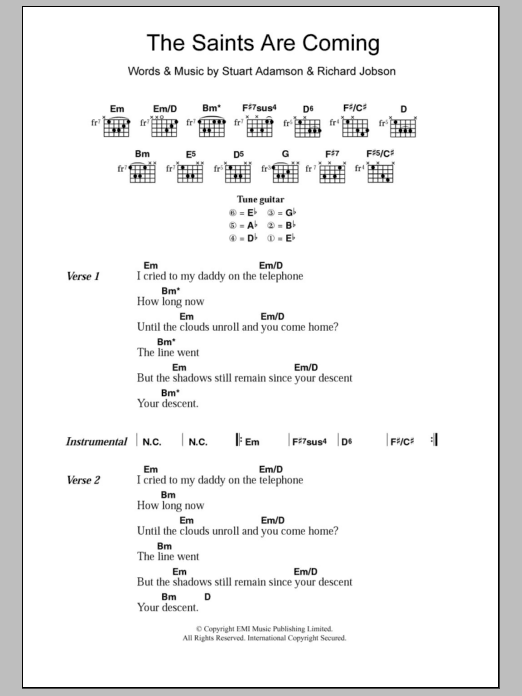 The Skids The Saints Are Coming sheet music notes and chords arranged for Guitar Chords/Lyrics