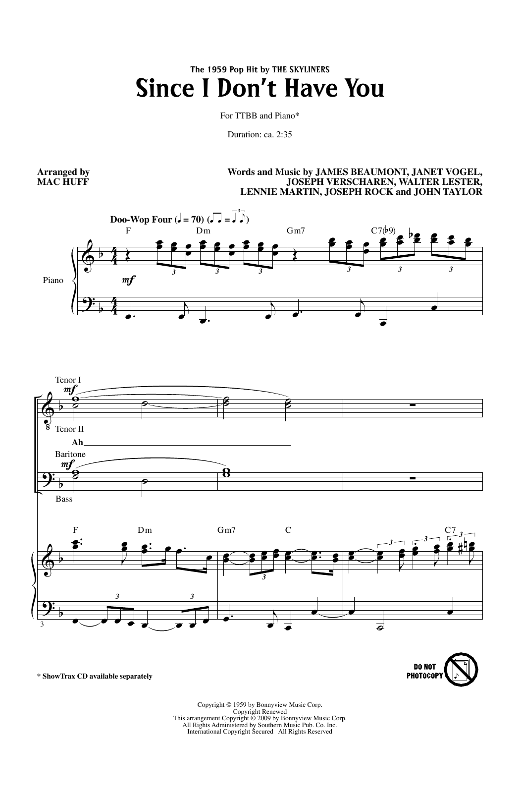 The Skyliners Since I Don't Have You (arr. Mac Huff) sheet music notes and chords arranged for TTBB Choir