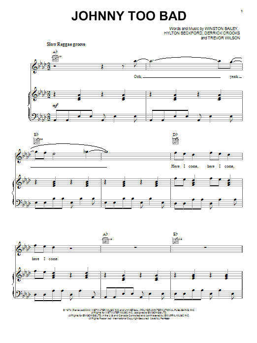 The Slickers Johnny Too Bad sheet music notes and chords arranged for Piano, Vocal & Guitar Chords (Right-Hand Melody)
