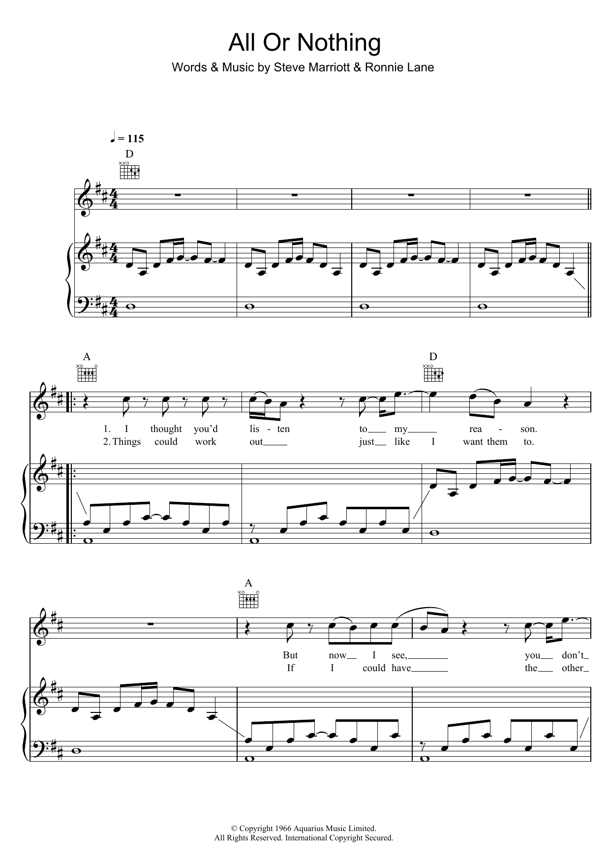 The Small Faces All Or Nothing sheet music notes and chords arranged for Piano, Vocal & Guitar Chords