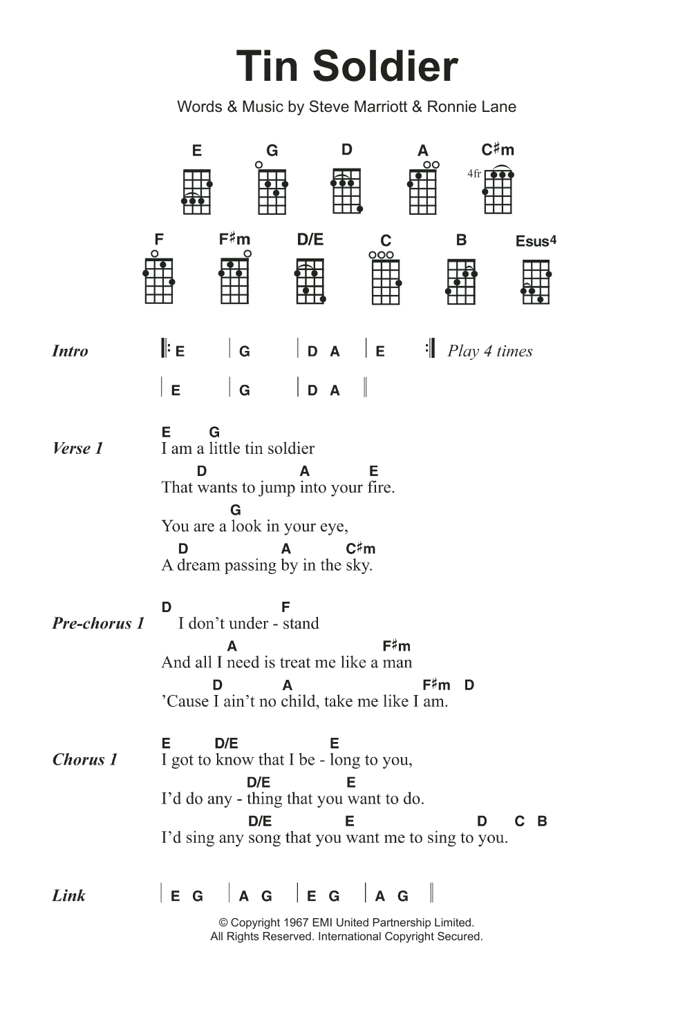 The Small Faces Tin Soldier sheet music notes and chords arranged for Ukulele