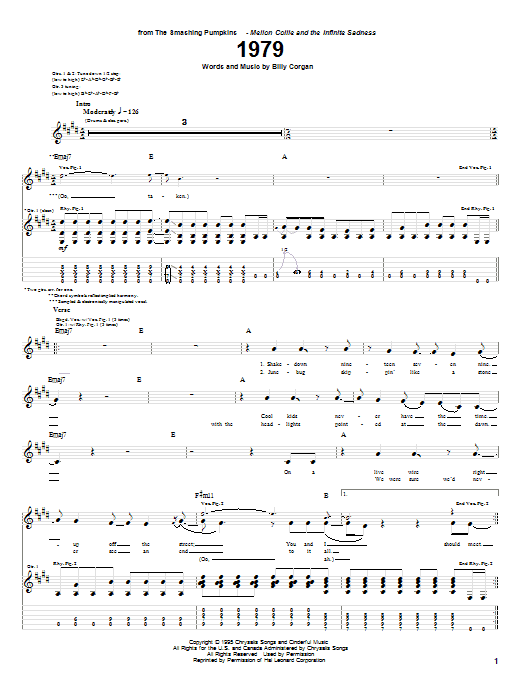 The Smashing Pumpkins 1979 sheet music notes and chords arranged for Guitar Chords/Lyrics