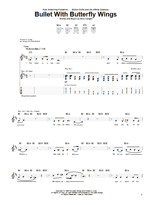 The Smashing Pumpkins Bullet With Butterfly Wings sheet music notes and chords arranged for Guitar Tab