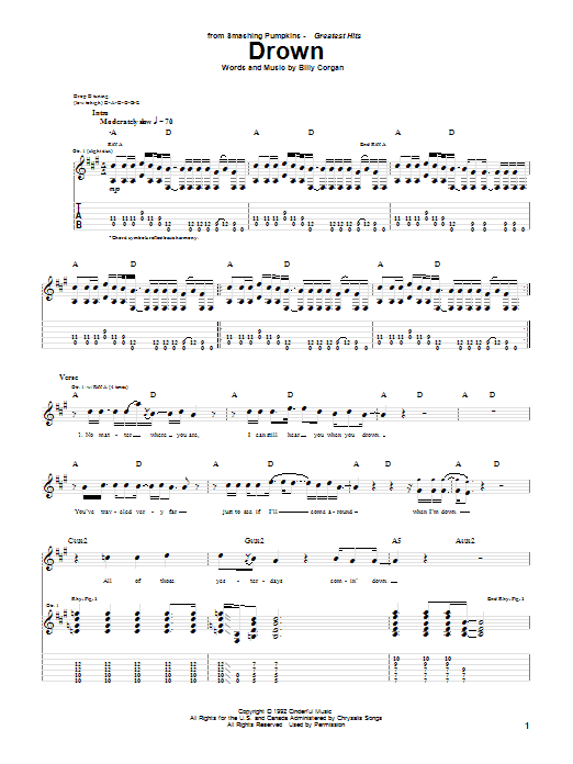 The Smashing Pumpkins Drown sheet music notes and chords arranged for Guitar Tab