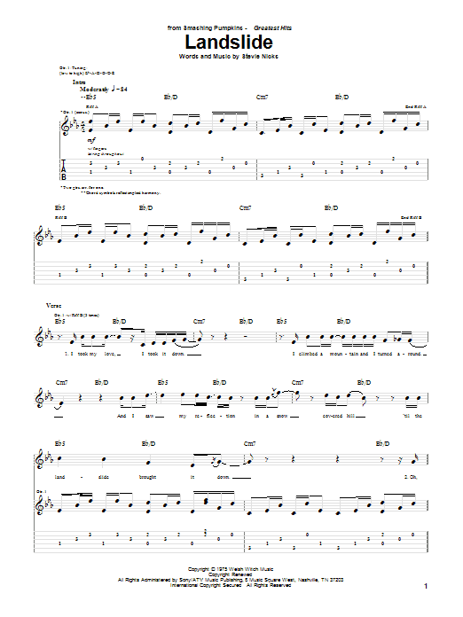 The Smashing Pumpkins Landslide sheet music notes and chords arranged for Guitar Tab