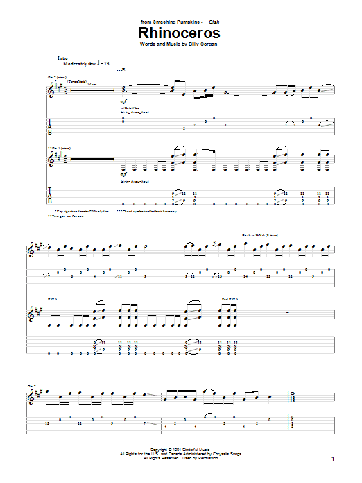 The Smashing Pumpkins Rhinoceros sheet music notes and chords arranged for Guitar Tab