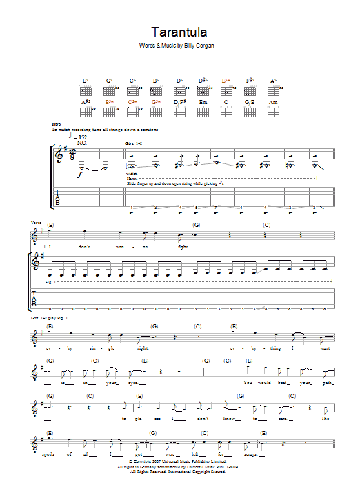 The Smashing Pumpkins Tarantula sheet music notes and chords arranged for Guitar Chords/Lyrics