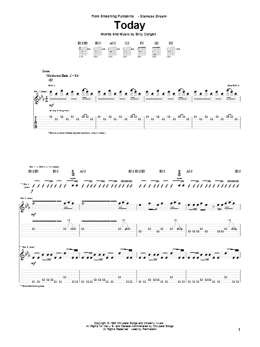 The Smashing Pumpkins Today sheet music notes and chords arranged for Guitar Tab