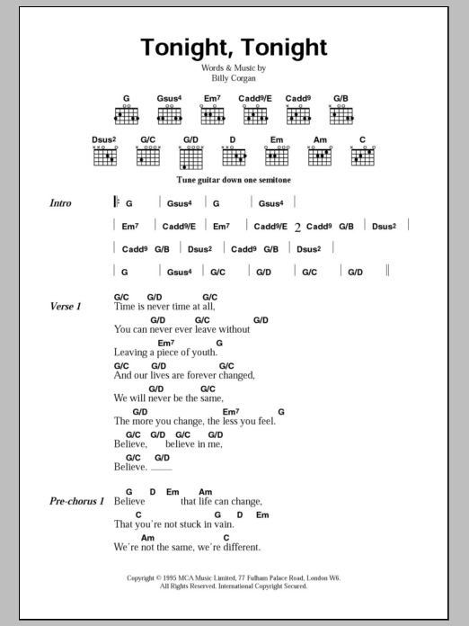 The Smashing Pumpkins Tonight, Tonight sheet music notes and chords arranged for Guitar Chords/Lyrics