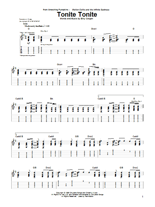 The Smashing Pumpkins Tonite Tonite sheet music notes and chords arranged for Guitar Tab