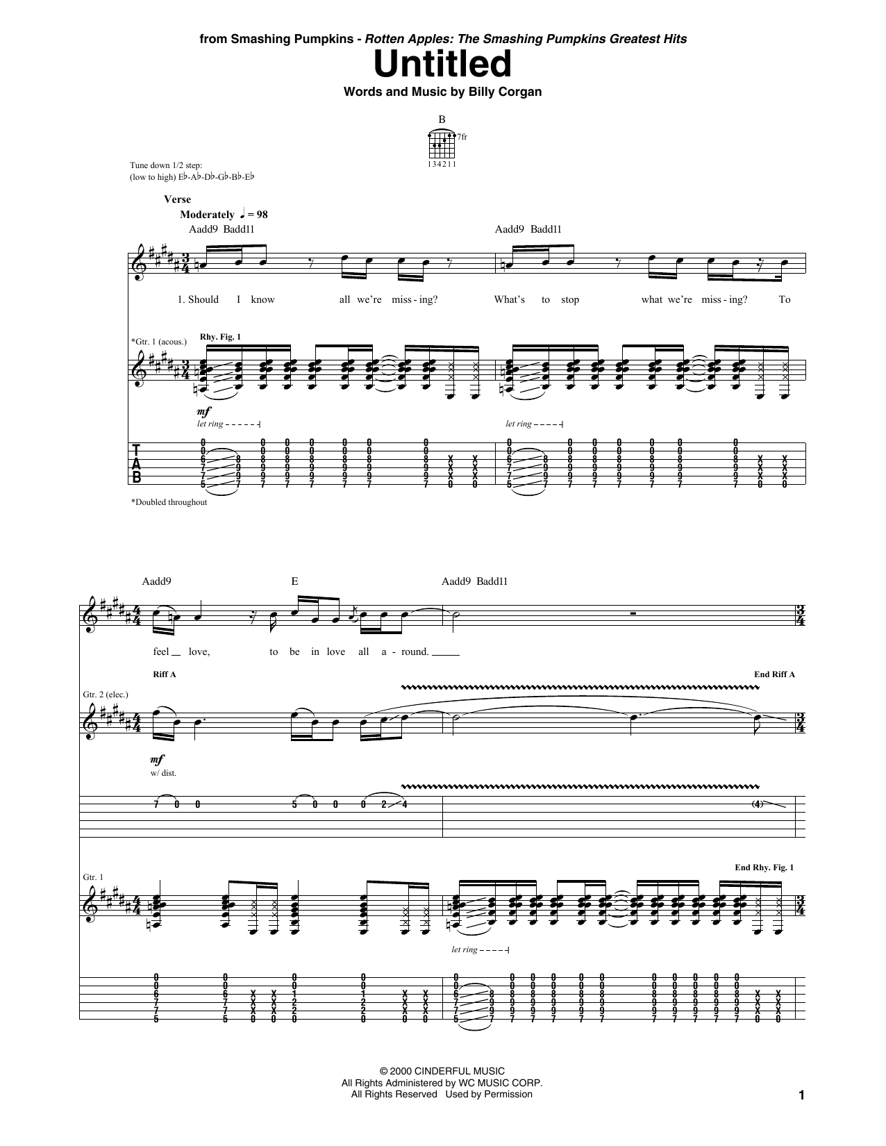The Smashing Pumpkins Untitled sheet music notes and chords arranged for Guitar Tab