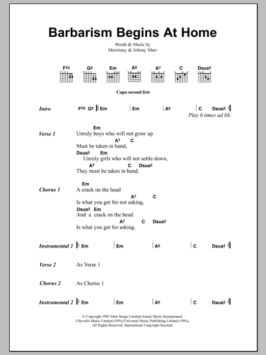 The Smiths Barbarism Begins At Home sheet music notes and chords arranged for Guitar Chords/Lyrics