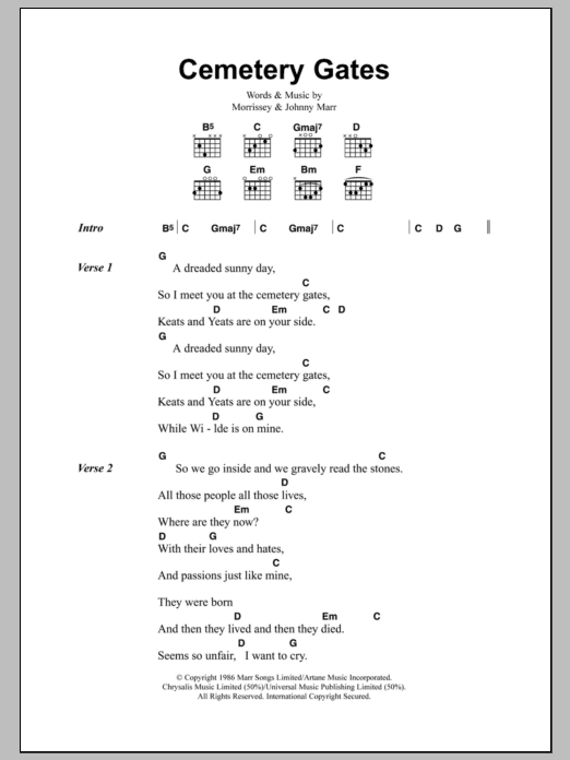 The Smiths Cemetry Gates sheet music notes and chords arranged for Guitar Chords/Lyrics