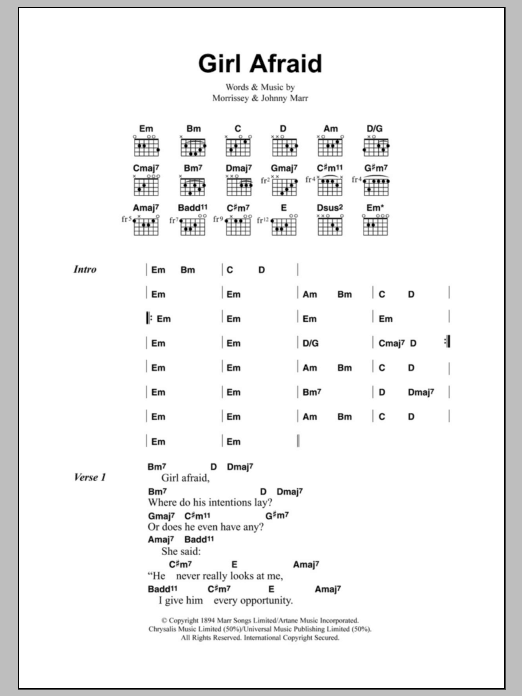 The Smiths Girl Afraid sheet music notes and chords arranged for Guitar Chords/Lyrics