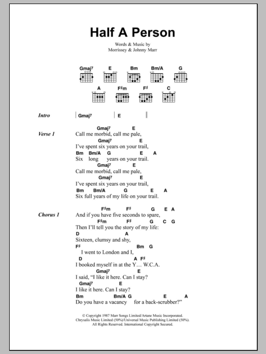 The Smiths Half A Person sheet music notes and chords arranged for Guitar Chords/Lyrics