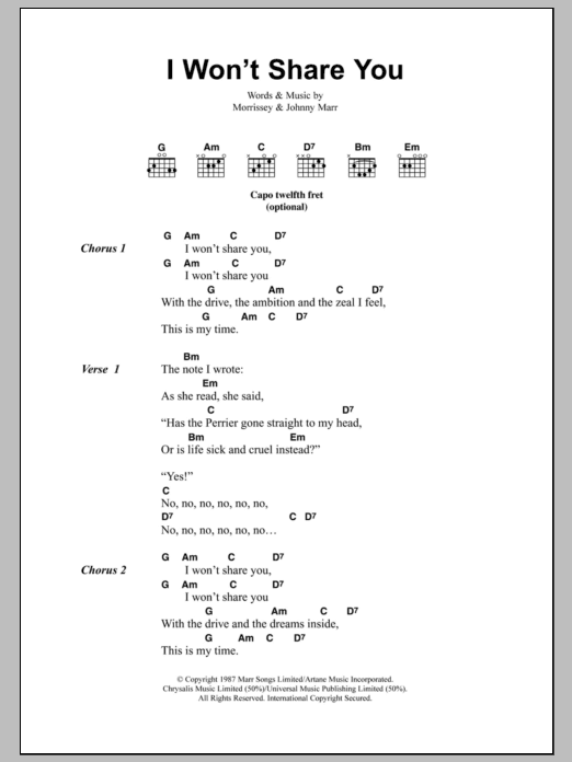 The Smiths I Won't Share You sheet music notes and chords arranged for Guitar Chords/Lyrics