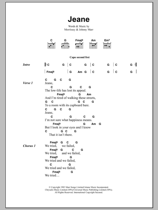 The Smiths Jeane sheet music notes and chords arranged for Guitar Chords/Lyrics