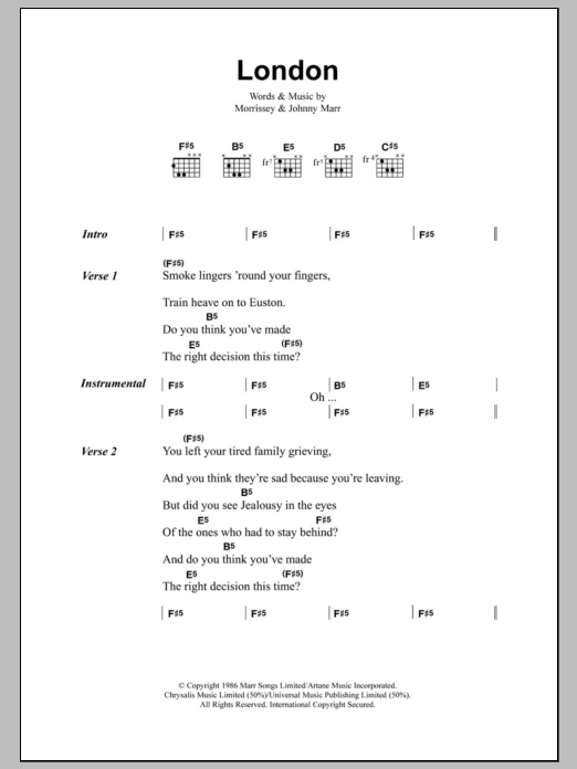 The Smiths London sheet music notes and chords arranged for Guitar Chords/Lyrics