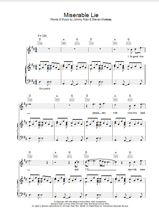 The Smiths Miserable Lie sheet music notes and chords arranged for Piano, Vocal & Guitar Chords