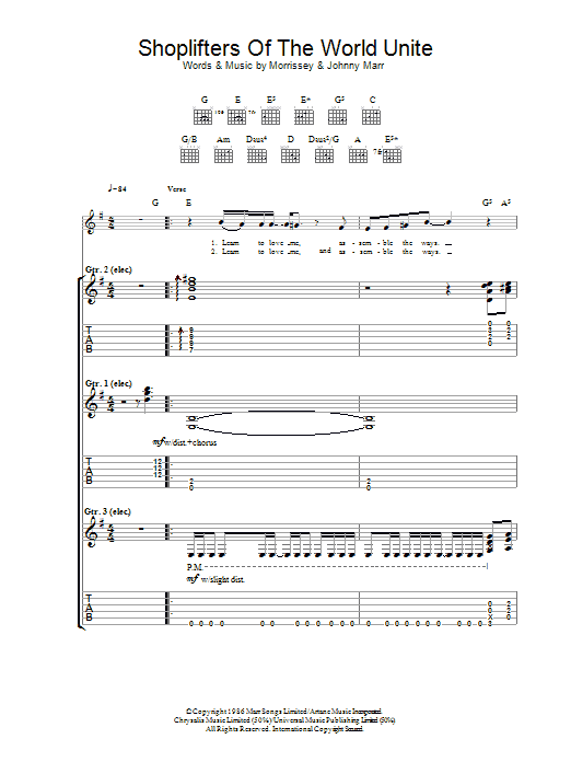 The Smiths Shoplifters Of The World Unite sheet music notes and chords arranged for Guitar Tab