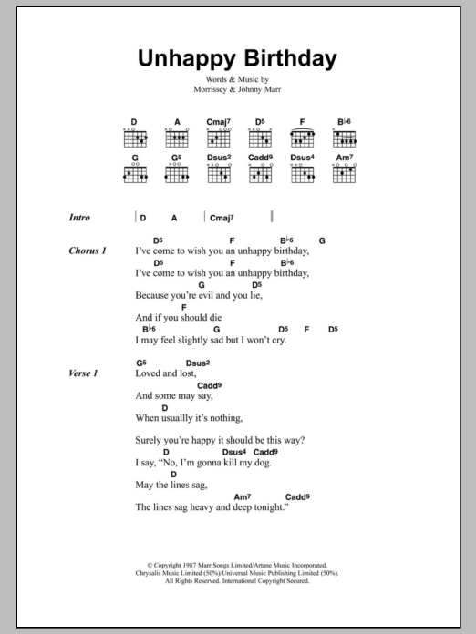 The Smiths Unhappy Birthday sheet music notes and chords arranged for Guitar Chords/Lyrics