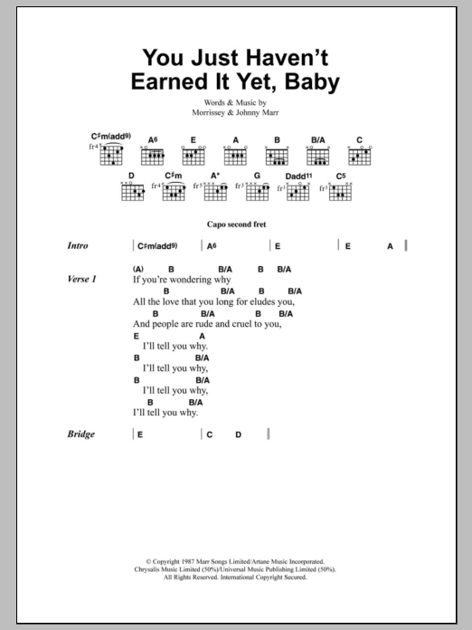 The Smiths You Just Haven't Earned It Yet, Baby sheet music notes and chords arranged for Guitar Chords/Lyrics