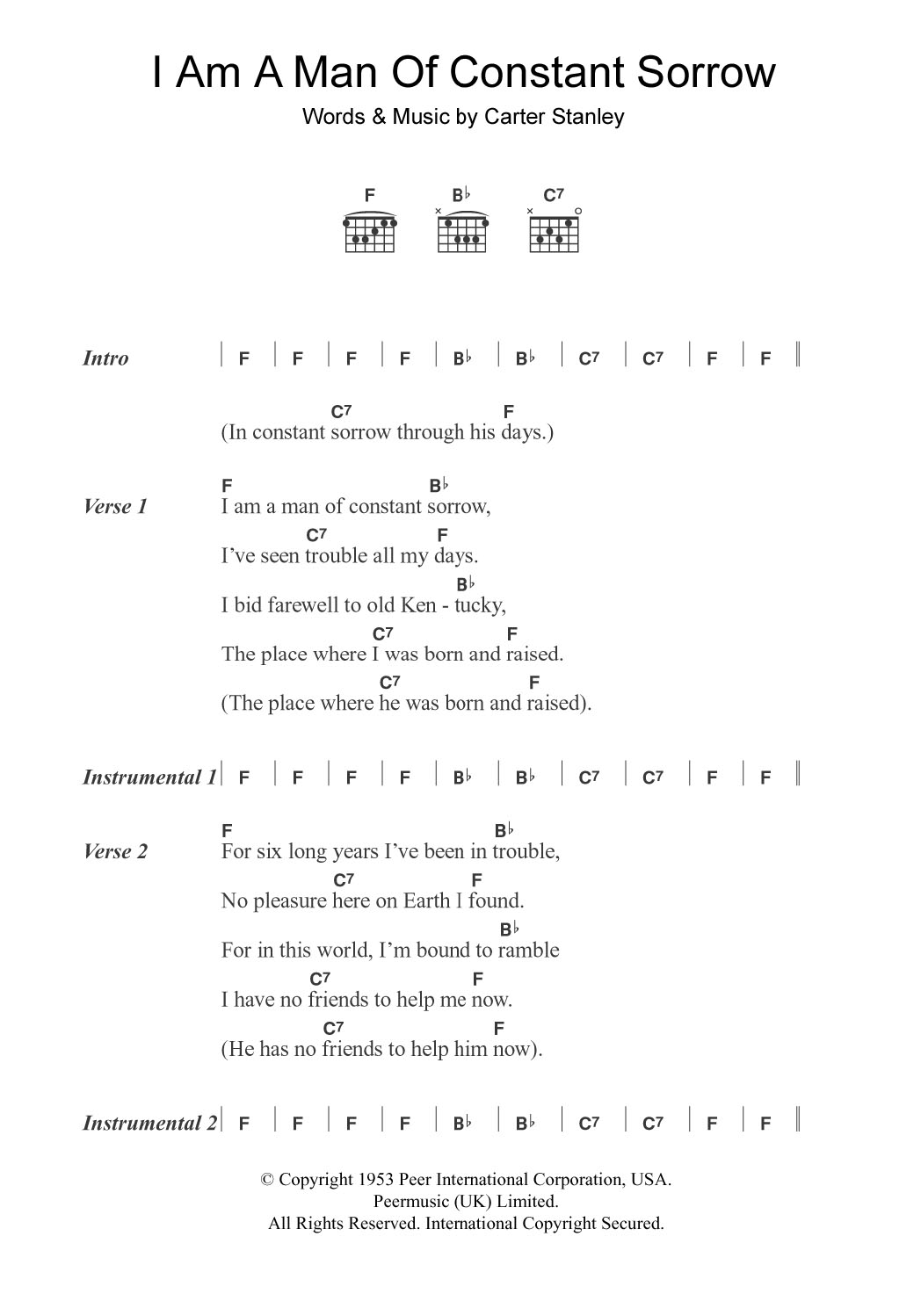 The Soggy Bottom Boys I Am A Man Of Constant Sorrow (from O Brother Where Art Thou?) sheet music notes and chords arranged for Guitar Chords/Lyrics