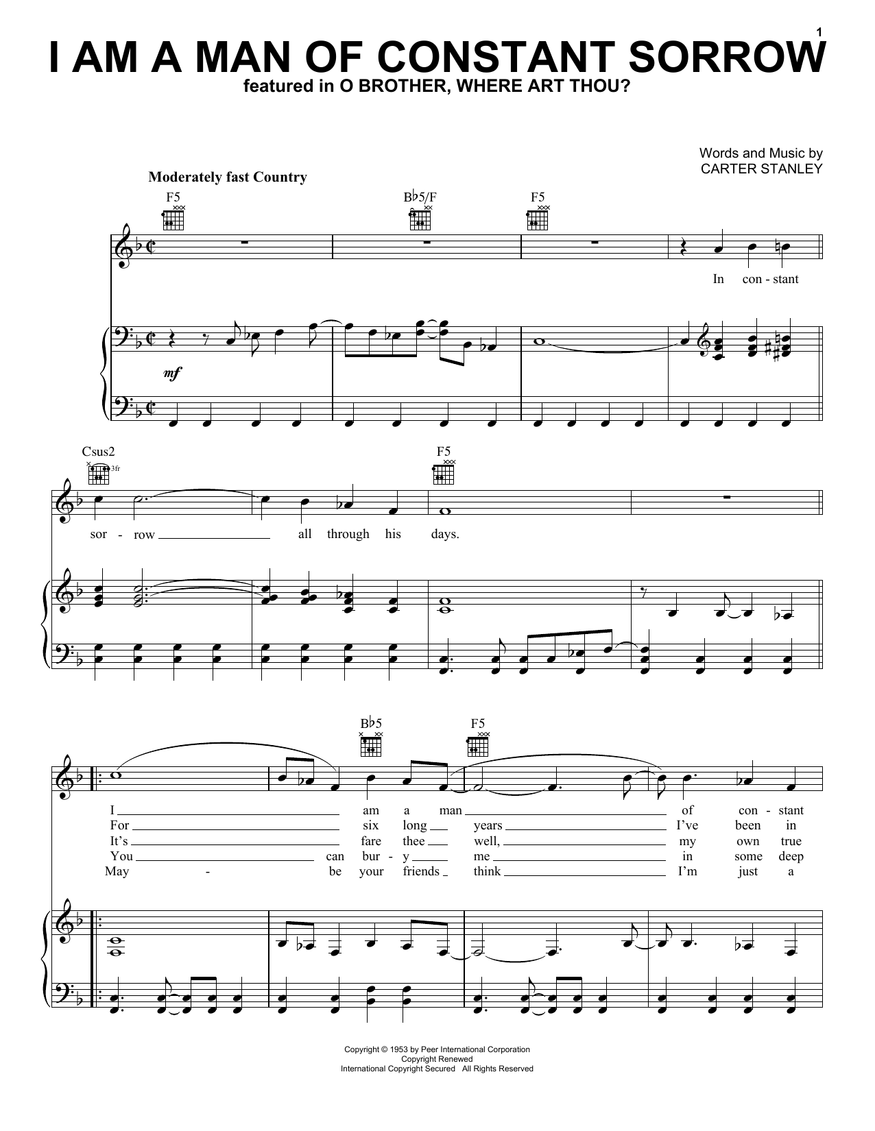 The Soggy Bottom Boys I Am A Man Of Constant Sorrow sheet music notes and chords arranged for Easy Piano