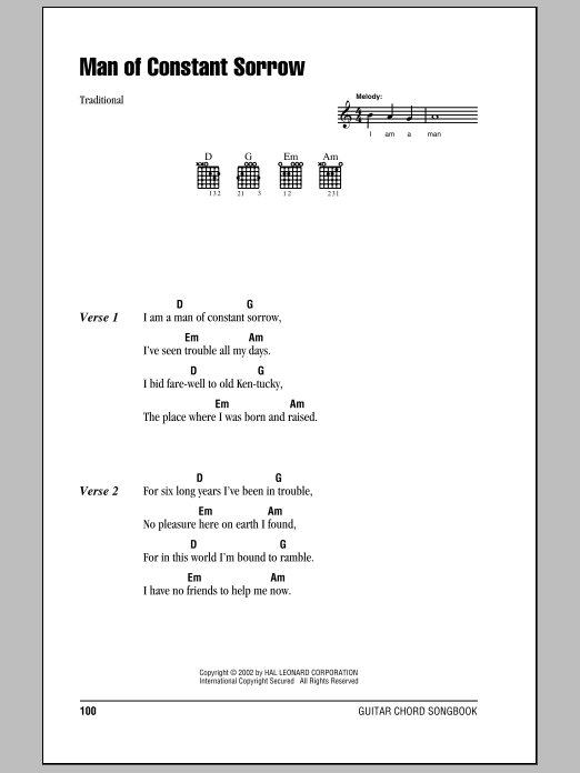 The Soggy Bottom Boys Man Of Constant Sorrow sheet music notes and chords arranged for Guitar Chords/Lyrics