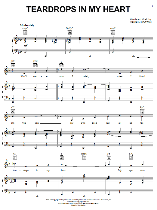 The Sons Of The Pioneers Teardrops In My Heart sheet music notes and chords arranged for Piano, Vocal & Guitar Chords (Right-Hand Melody)