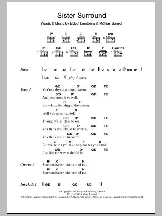 The Soundtrack Of Our Lives Sister Surround sheet music notes and chords arranged for Guitar Chords/Lyrics