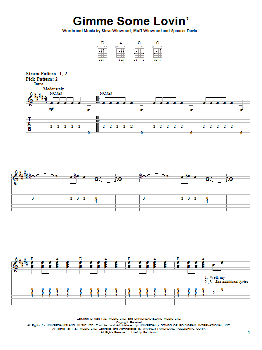The Spencer Davis Group Gimme Some Lovin' sheet music notes and chords arranged for Easy Bass Tab
