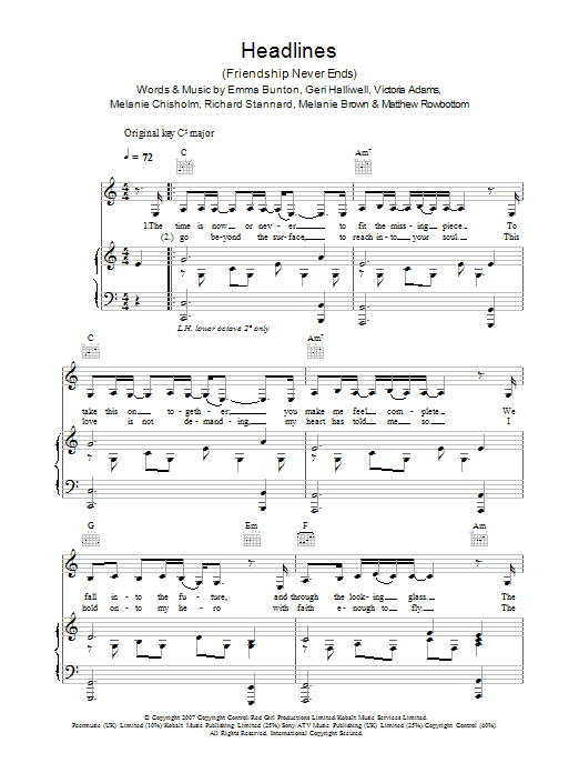 The Spice Girls Headlines (Friendship Never Ends) sheet music notes and chords arranged for Piano, Vocal & Guitar Chords