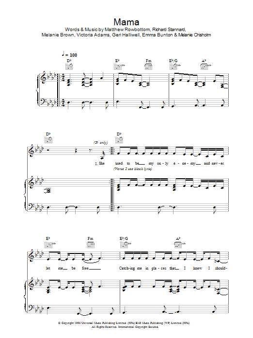 The Spice Girls Mama sheet music notes and chords arranged for Piano, Vocal & Guitar Chords
